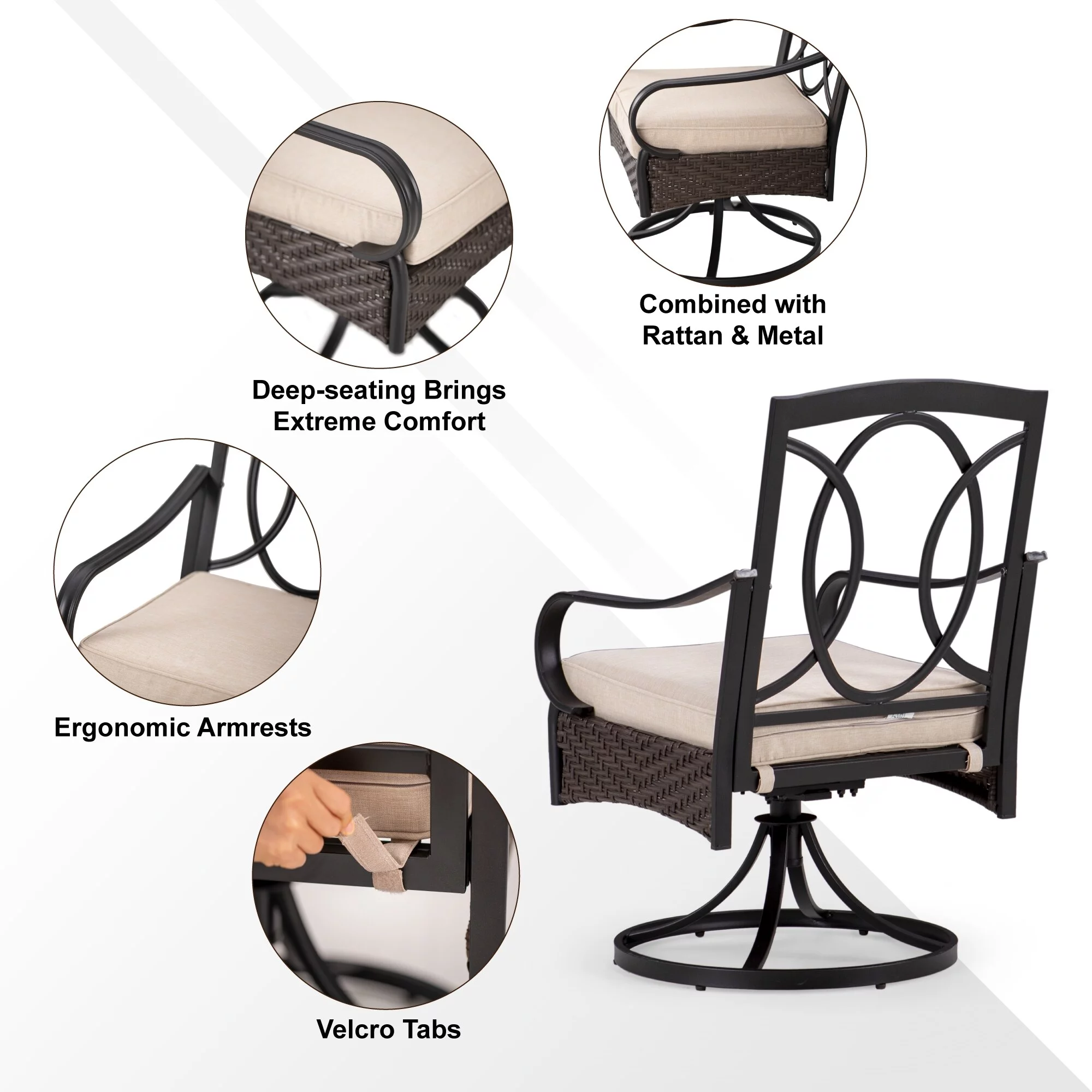 Phi Villa 7/8-Piece Patio Dining Set of 6 Swivel Metal Rattan Chairs with Deep-seating Chairs and Wood-like Table Top Table +Beoge Umbrella - 8-Piece