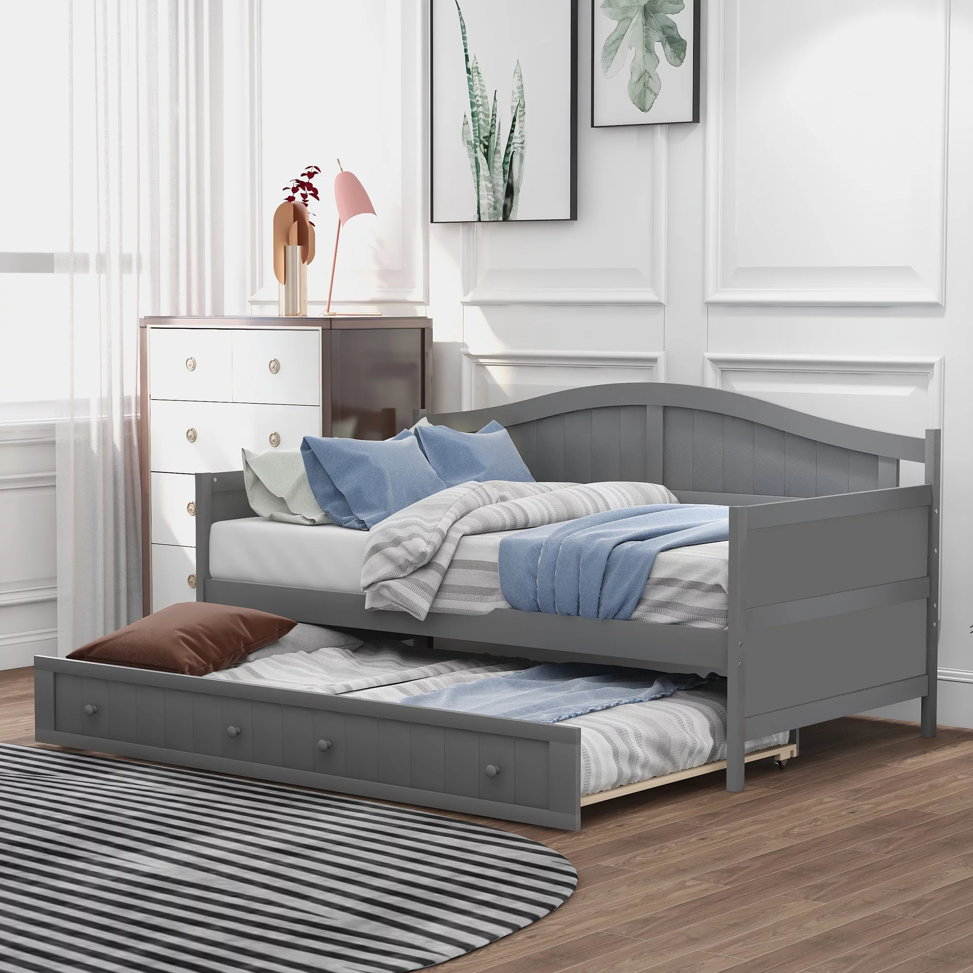 Grey Double Wooden Sofa Bed Modern Pull Out Chair Bed with Roller Bed Bedroom Living Room Sofa Bed Classic Arched Profile Suitable for Living Room