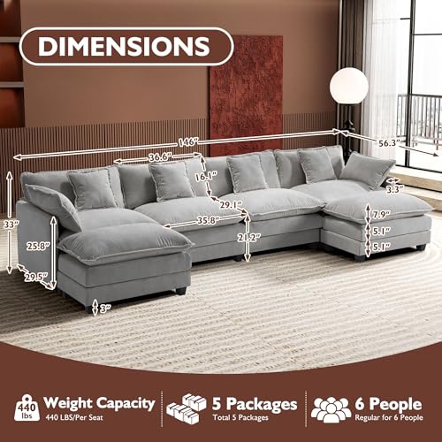 Ihanherry 111.4" U Shaped Modern Cloud Sofa Modular Sectional Couch with 2 Ottoman, 5-Seat Chenille Deep Seat Sofa with Pillow for Living Room