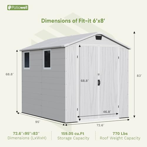 Patiowell 6 x 8 FT Plastic Outdoor Storage Shed with Floor, Resin Outside Tool Shed with Two Windows and Lockable Easy to Install, Door for Garden
