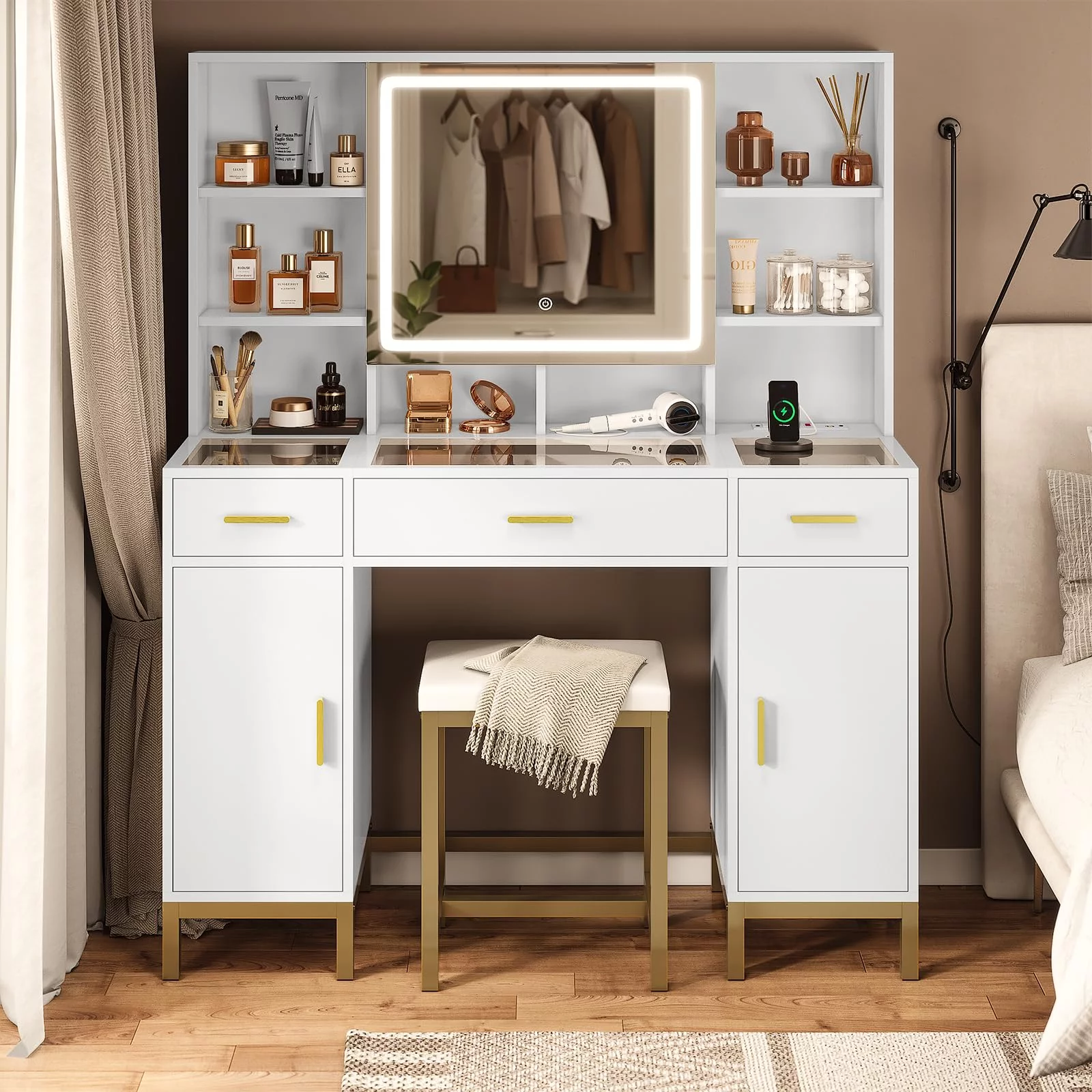 Afuhokles Vanity Set with Lighted Mirror and Charging Station, Vanity Desk Makeup Vanity with Big Glass Desktop,Compartment Storage