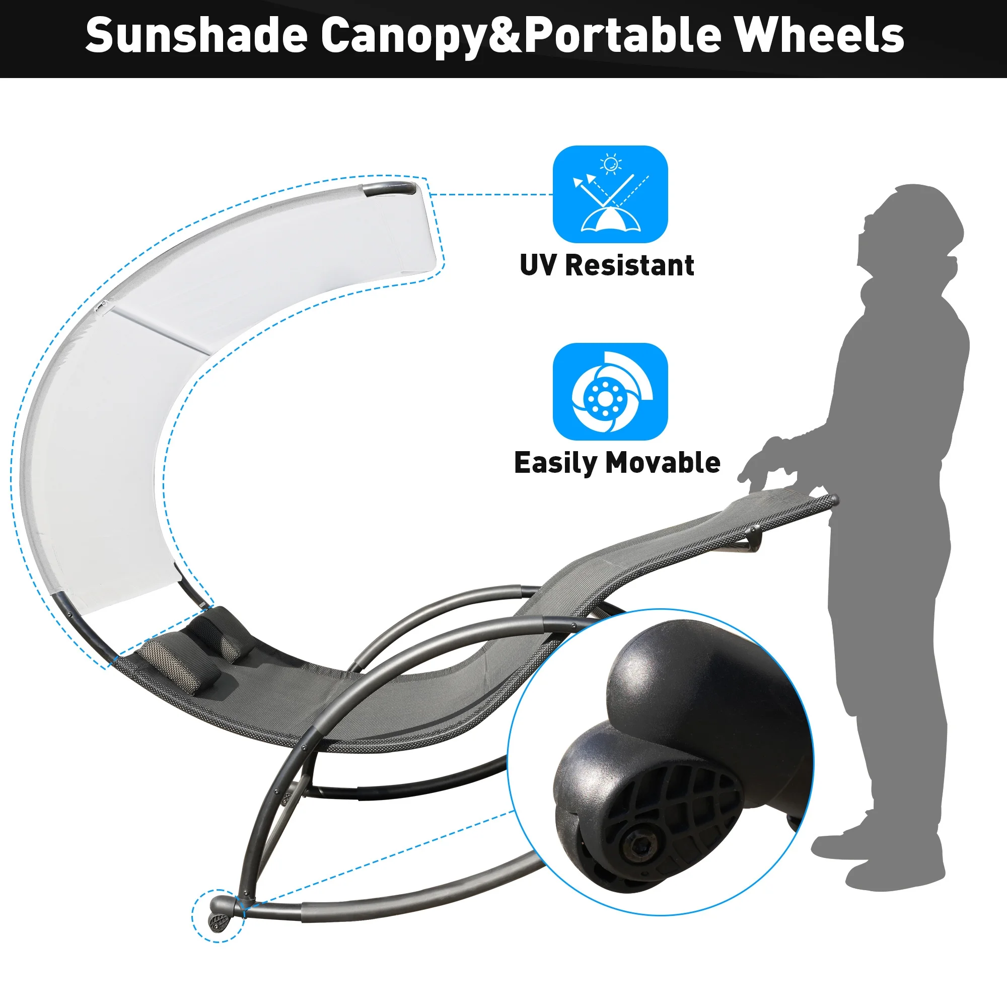 Outdoor Patio Chaise Lounge,Double Sun Lounger with Canopy, Removable Pillows for All Weather for Poolside, Patio, Beach, Yard, Deck