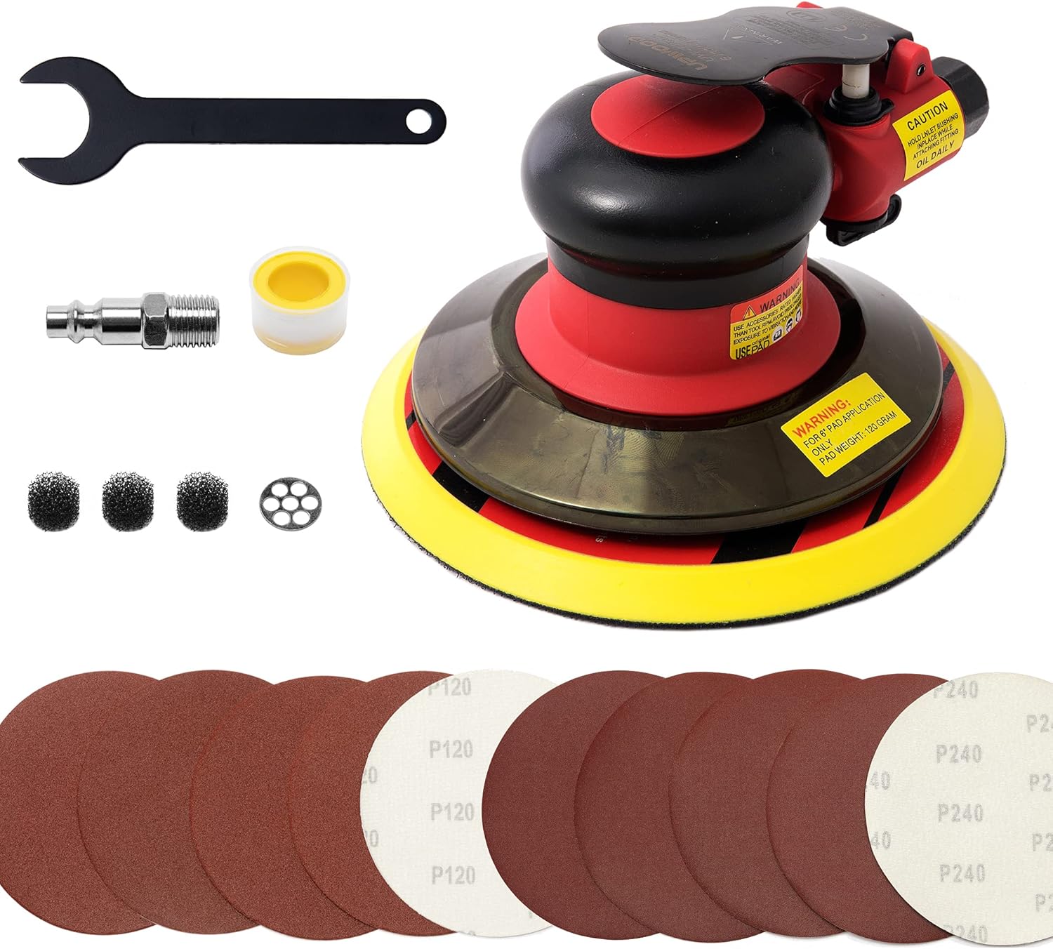 6-inch Air Random Orbital Sander by UPWOOD, Heavy Duty Palm Air Powered Sander Pneumatic Sander with 10pcs Sandpapers