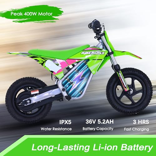 OLALA 36V Electric Dirt Bike for Kids Aged 4-8, Brushless 350W Racing Grade Electric Motorcycle, Up to 18.6MPH & 3 Speed Settings, Dual Disc Brakes