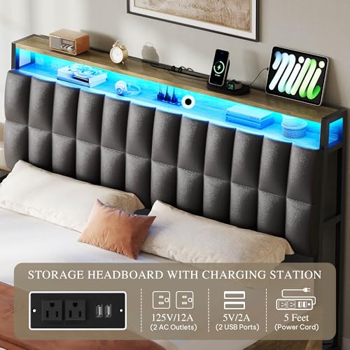 YITAHOME Queen Size Lift Up Bed with Charging Station & RGB LED Lights, PU Leather Upholstered Platform Storage Bookcase Headboard Bed
