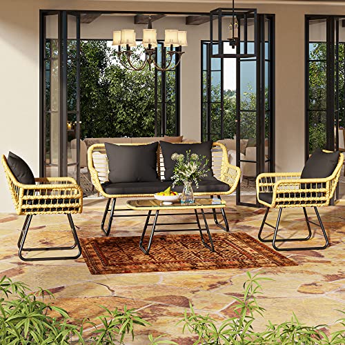 YITAHOME 4-Piece Patio Furniture Wicker Outdoor Bistro Set, All-Weather Rattan Conversation Loveseat Chairs for Backyard