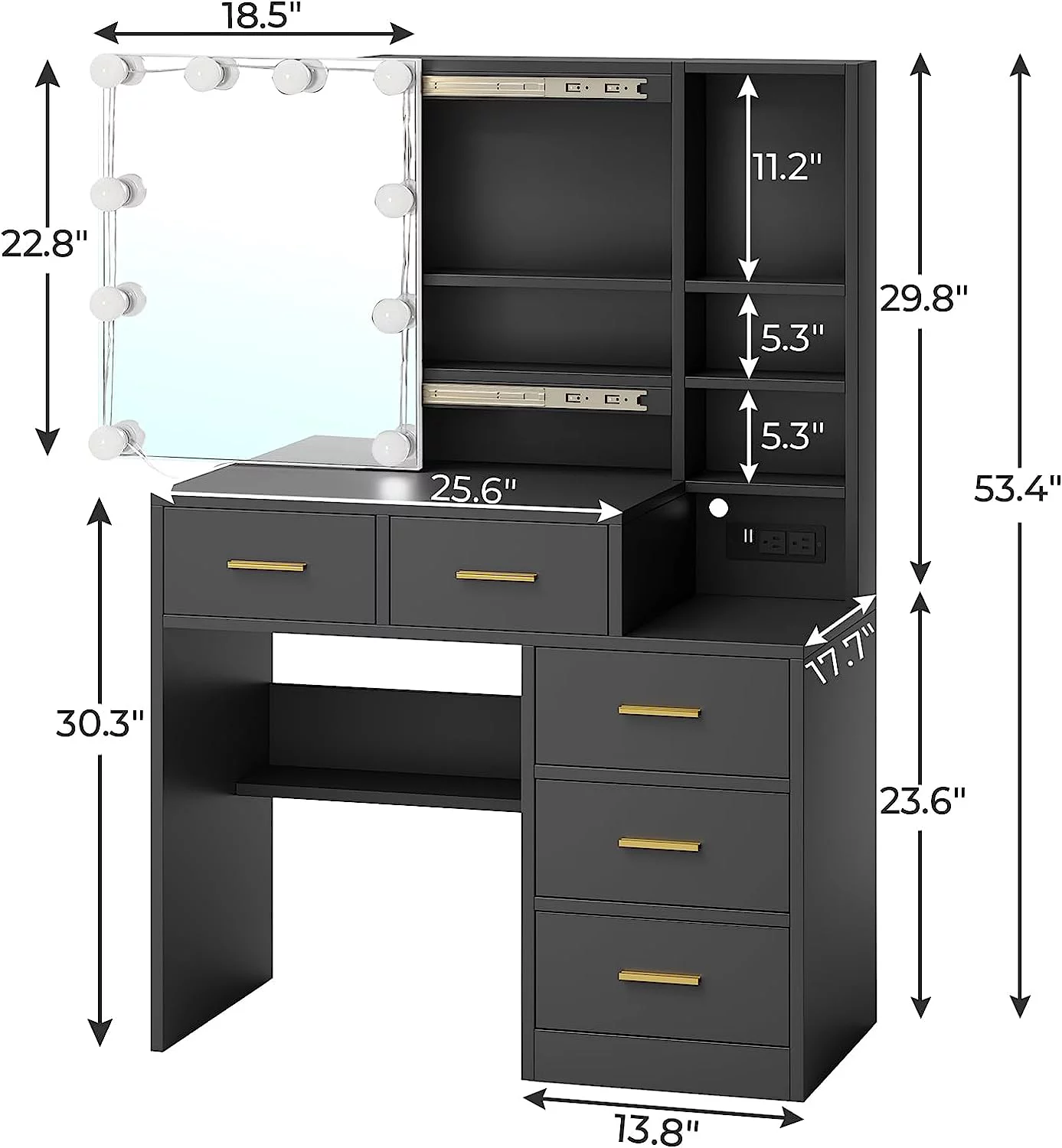Vanity Table with Charging Station, Modern Dressing Table with 5 Drawers, Black