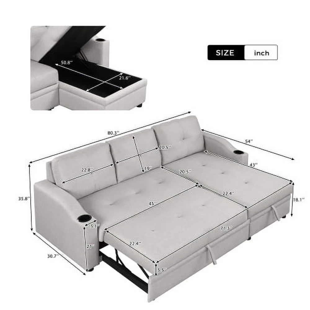 Churanty L-Shape Couch Sectional Sofa Upholstered Velvet Convertible Sofa with Pull-Out Sleeper, Storage Chaise, Cup Holder,Gray