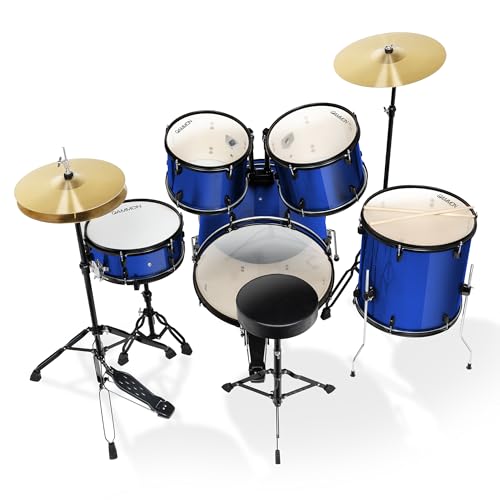 Full Size Complete Adult 5-Piece Drum Set with Cymbals, Stands, Stool, and Sticks - Blue