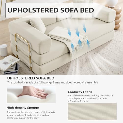 4-in-1 Folding Convertible Sofa Bed, 78 Inch Boneless Couch with Fixed-Shape Frame, Corduroy Loveseat Sleeper with Pull Out Bed