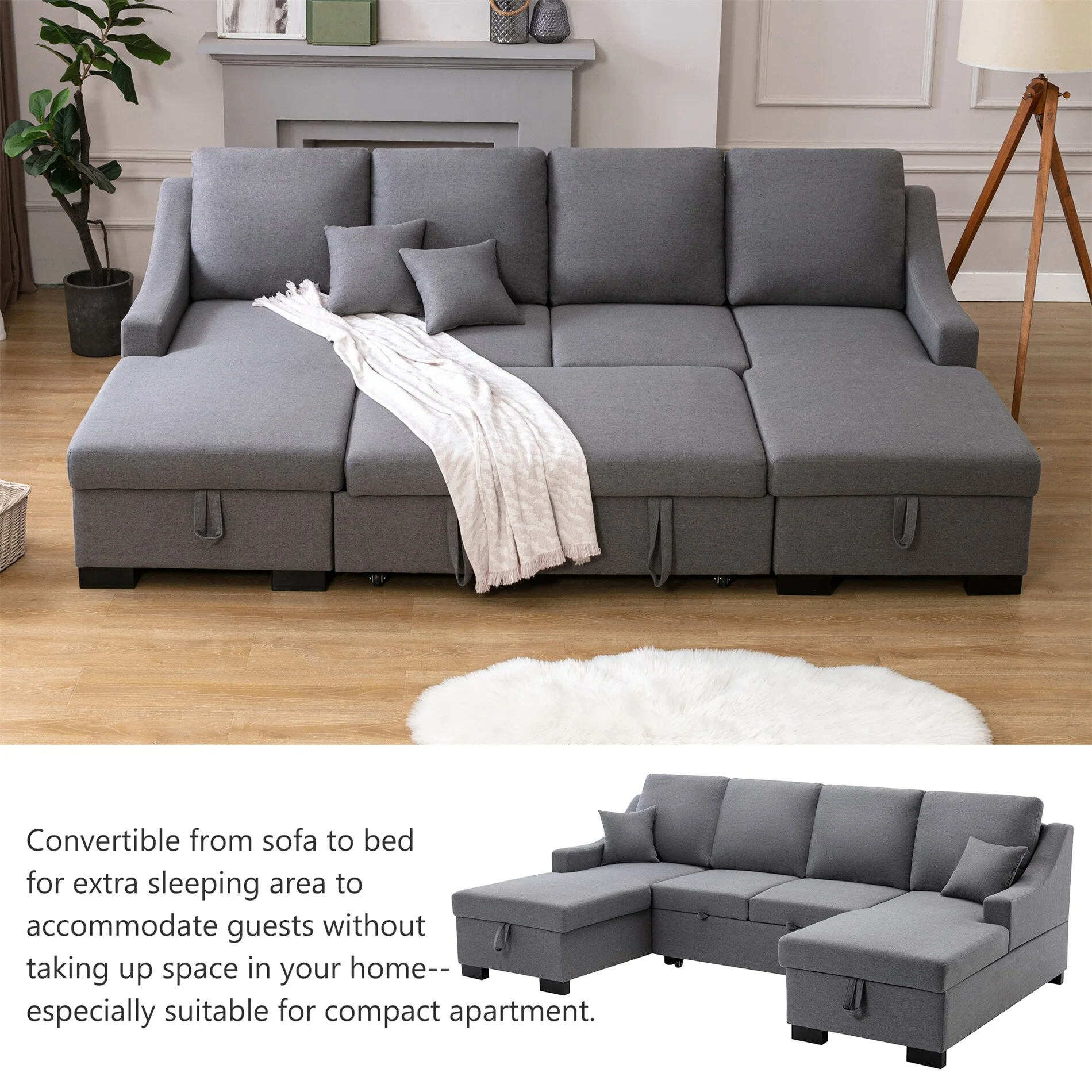 BESTCOSTY Upholstery Sleeper Sofa with Double Storage Spaces, 2 Tossing Cushions