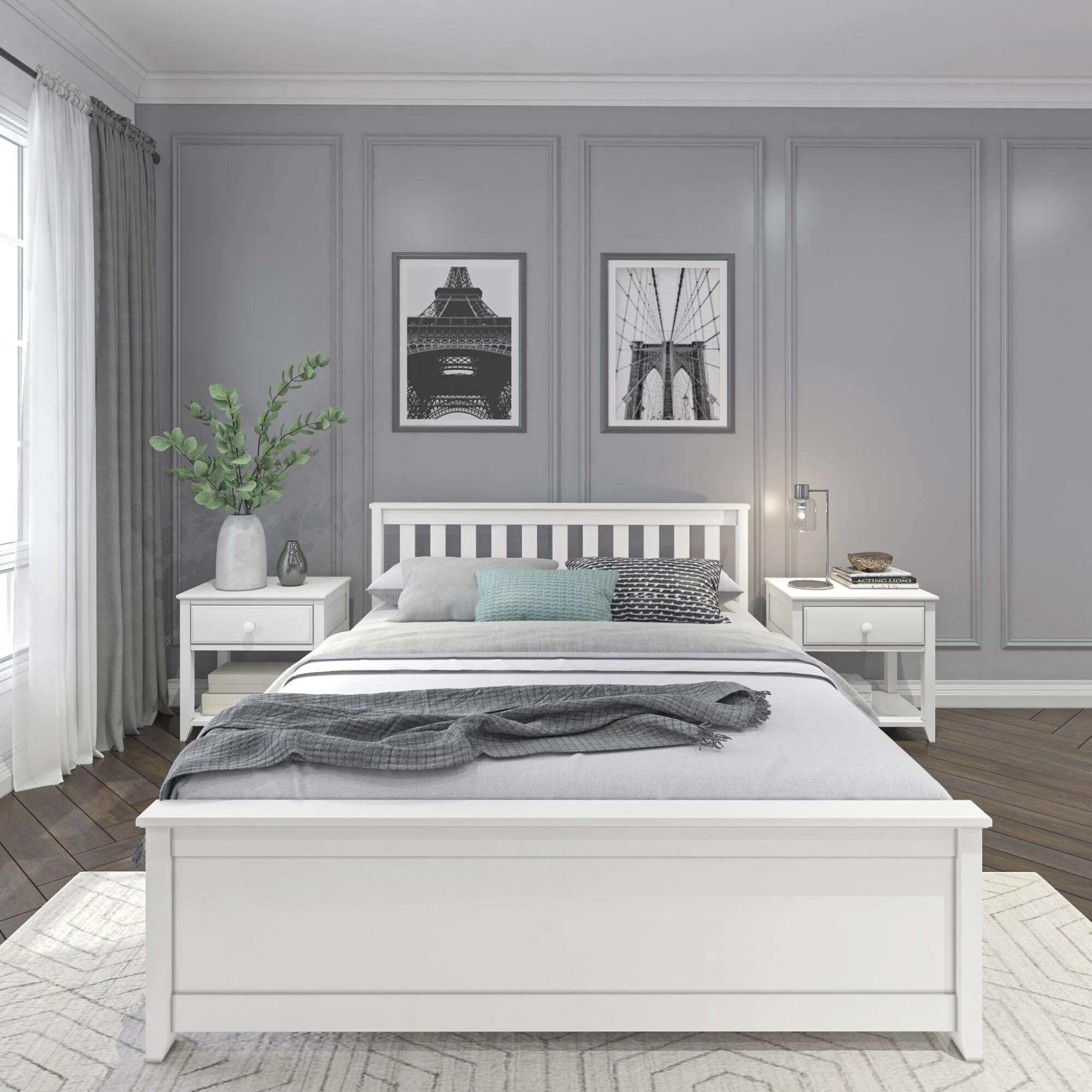 Plank+Beam Queen Bed Frame with Slatted Headboard, Classic Solid Wood Adults Platform Bed, Walnut