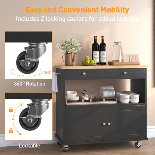 Rolling Kitchen Island with Storage Cabinet, 35.4'' Width Kitchen Cart, 2 Drawers Island Table, Portable Mobile Kitchen Island with Towel Rack