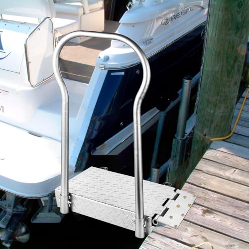 Folding Boat Boarding Platform with Handrail 500LBs Load Dock Step Dock Extension Ramp to Step Up Down Non-Slip Heavy Duty Steel rustproof with
