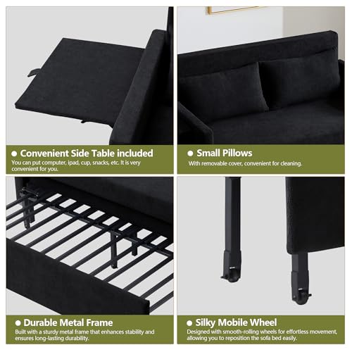 3-in-1 Sleeper Sofa Bed, 51'' Convertible Folding Couch with Pullout Bed, Chenille Futon Sleeper Sofa with Side Table and 2 Pillows