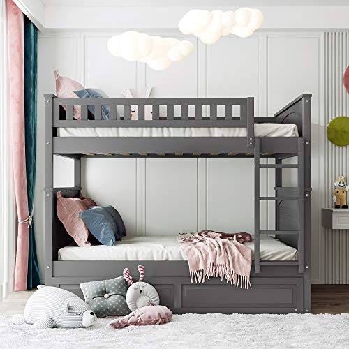 Ball & Cast Twin-Over-Twin Bunk Bed with Twin-Size Trundle and 3 Storage Stairs,Wood Bunkbed w/Full-Length Guardrails,Slat Support