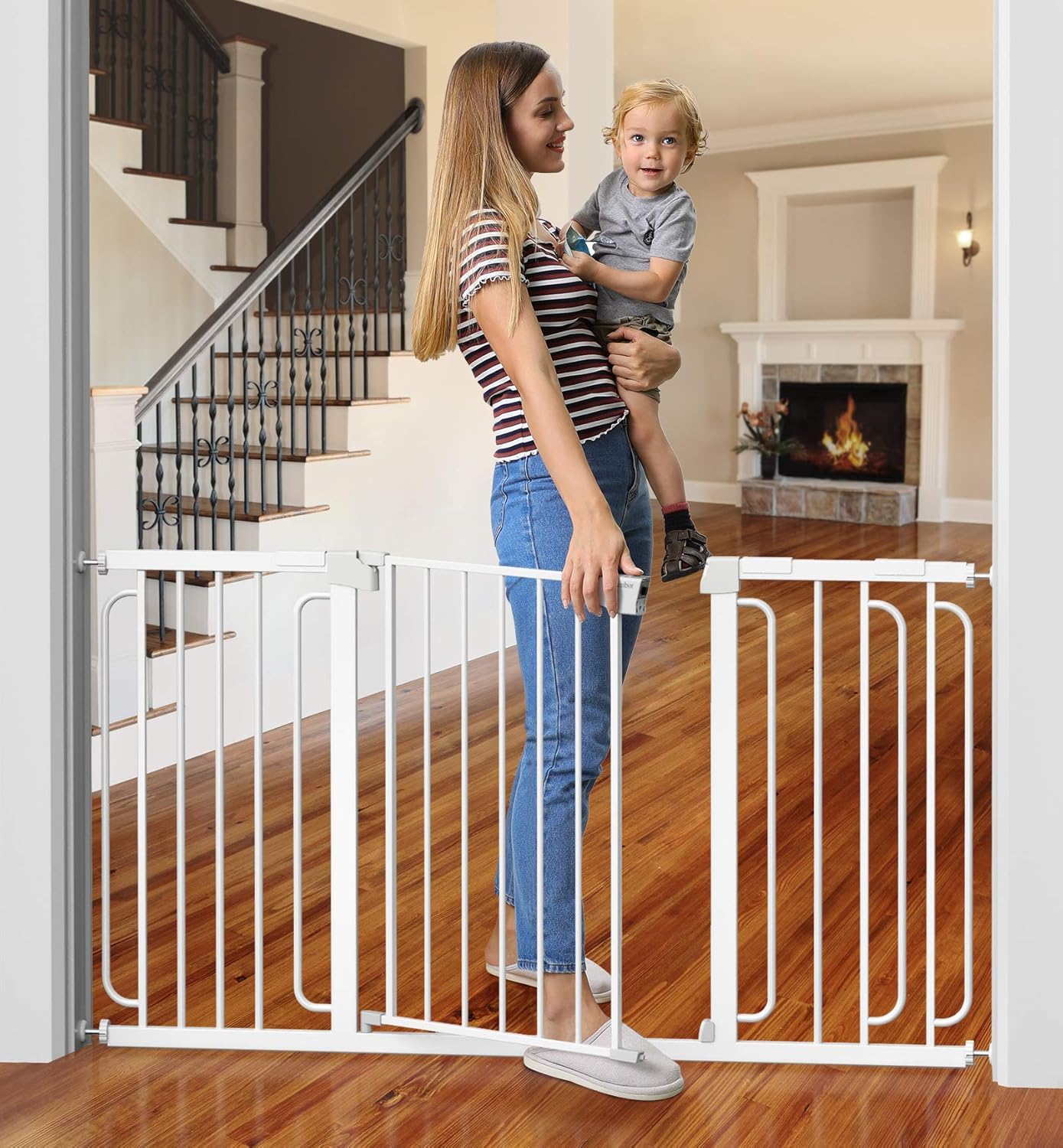 Cumbor 29.7-57" Baby Gate for Stairs, Extra Wide Dog Gate for Doorways, Pressure Mounted Walk Through Safety Child Gate for Kids Toddler