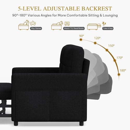 DWVO 55" Convertible Sofa Bed, 3-in-1 Sleeper Sofa with Pull-Out Bed, Linen Futon Couch with Adjustable Backrest and Side Pocket