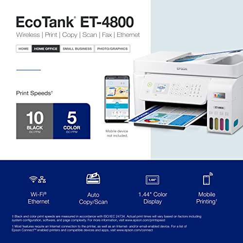 Epson EcoTank ET-4800 Wireless All-in-One Cartridge-Free Supertank Printer with Scanner, Copier, Fax, ADF and Ethernet – Ideal-for Your Home Office