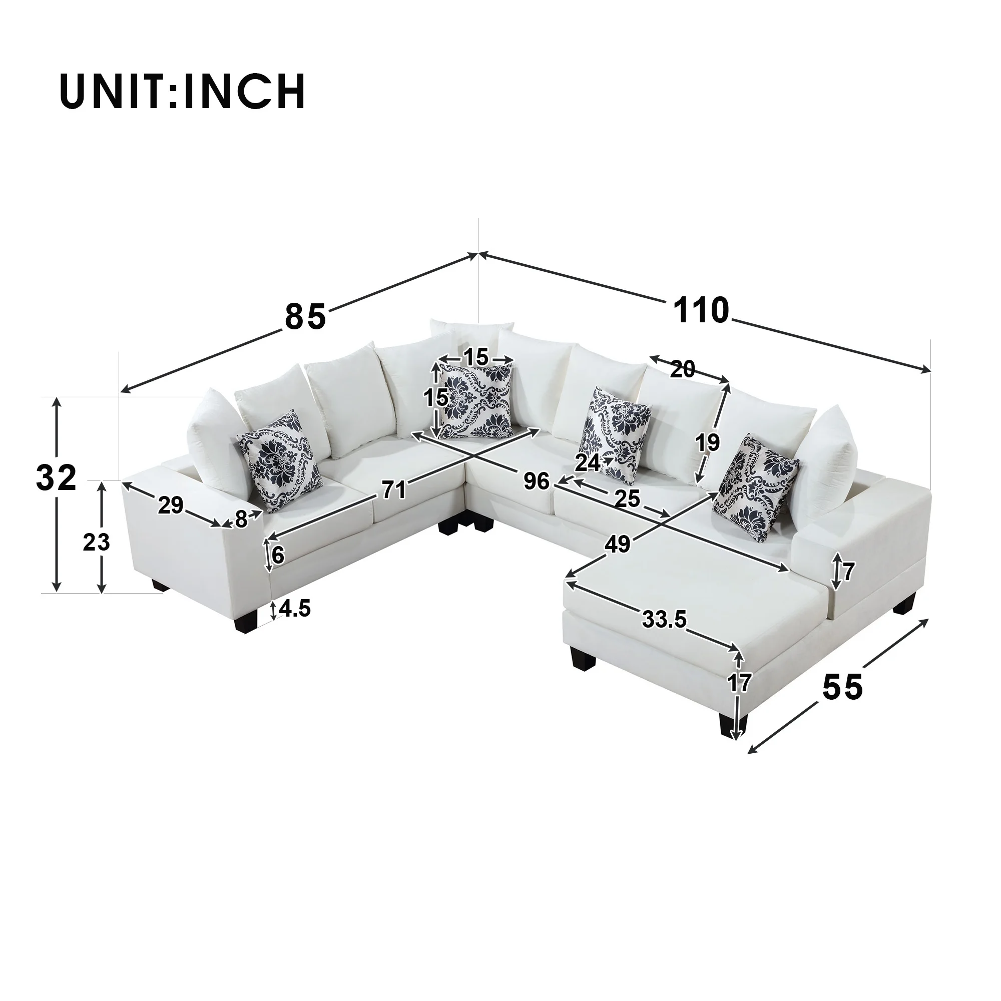 Soges Modern U Shape Sectional Sofa 110"x85", 7-Seat Velvet Sofa with Pillows, Couch Set for Living Room, Apartment, Office, White