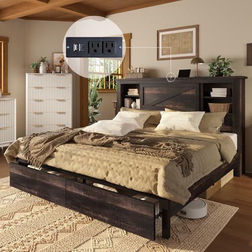 AMERLIFE 47.2" H King Bed Frame with Hidden Space Bookcase Headboard and Charging Station, Beds with 2 Storage Drawers and Wood Slats