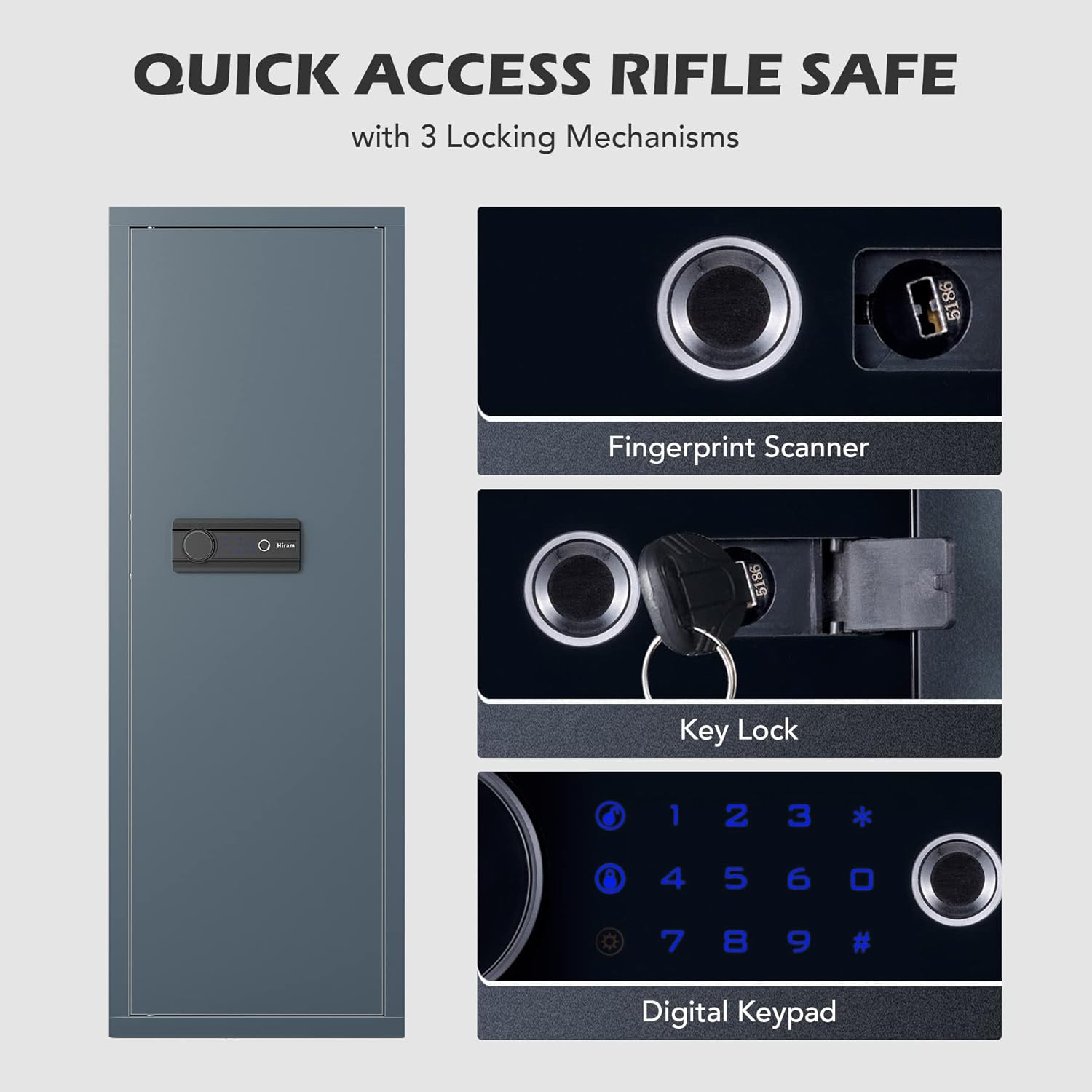 HIRAM Large Gun Safe for Home Rifle and Pistols, Biometric Gun Safe Cabinet with Fingerprint Keypad Locks Adjustable Racks Shelf Alarm