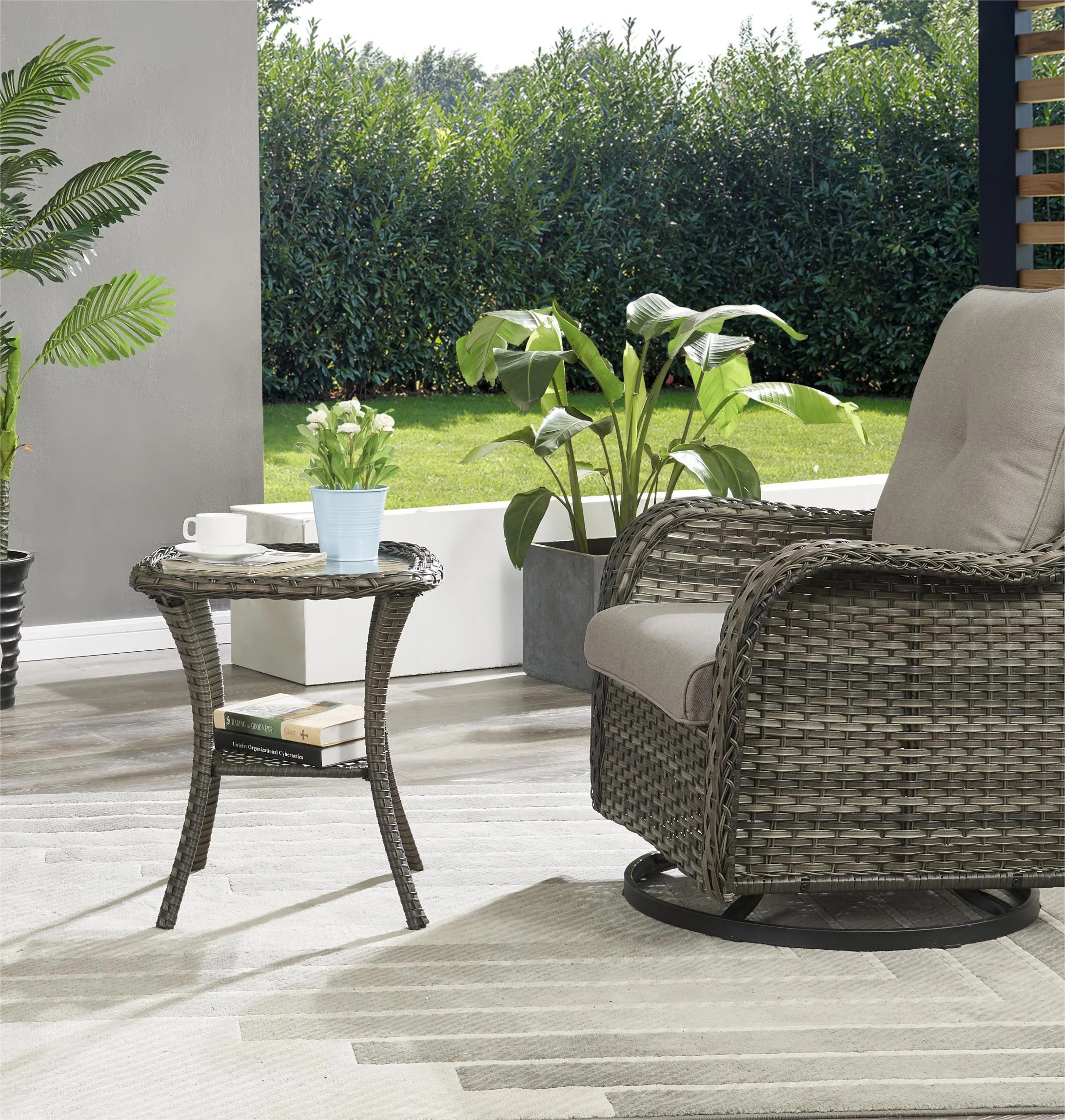PARKWELL 3-Piece Outdoor Swivel Gliders with Side Table - Patio Wicker Bistro Furniture Set for Porch Deck Backyard
