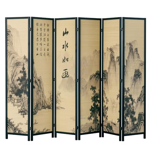 MyGift 4-Panel Folding Bamboo Room Divider Asian-Inspired Cherry Blossom Scene