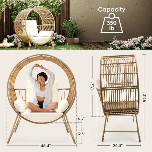 Brafab Outdoor Egg Chair, Oversized Wicker Patio Chairs with 6.69'' Cushions, 350LBS Capacity, Indoor Round Rattan Nest Chair with Stand