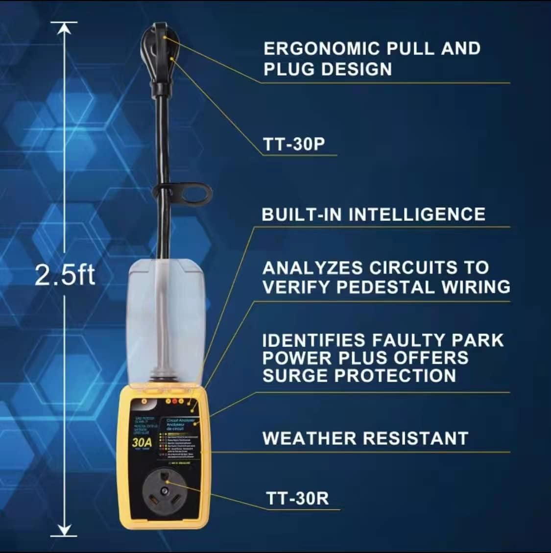M1A2 New Generation RV Surge Protector 30 Amp with Waterproof Cover Camper Anti-Theft Circuit Analyzer Tester Plug with UL Tested