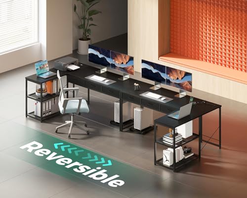 AODK 53 Inch L Shaped Computer Desk with Drawers, Corner Desk with Power Outlets & Reversible Storage Shelves