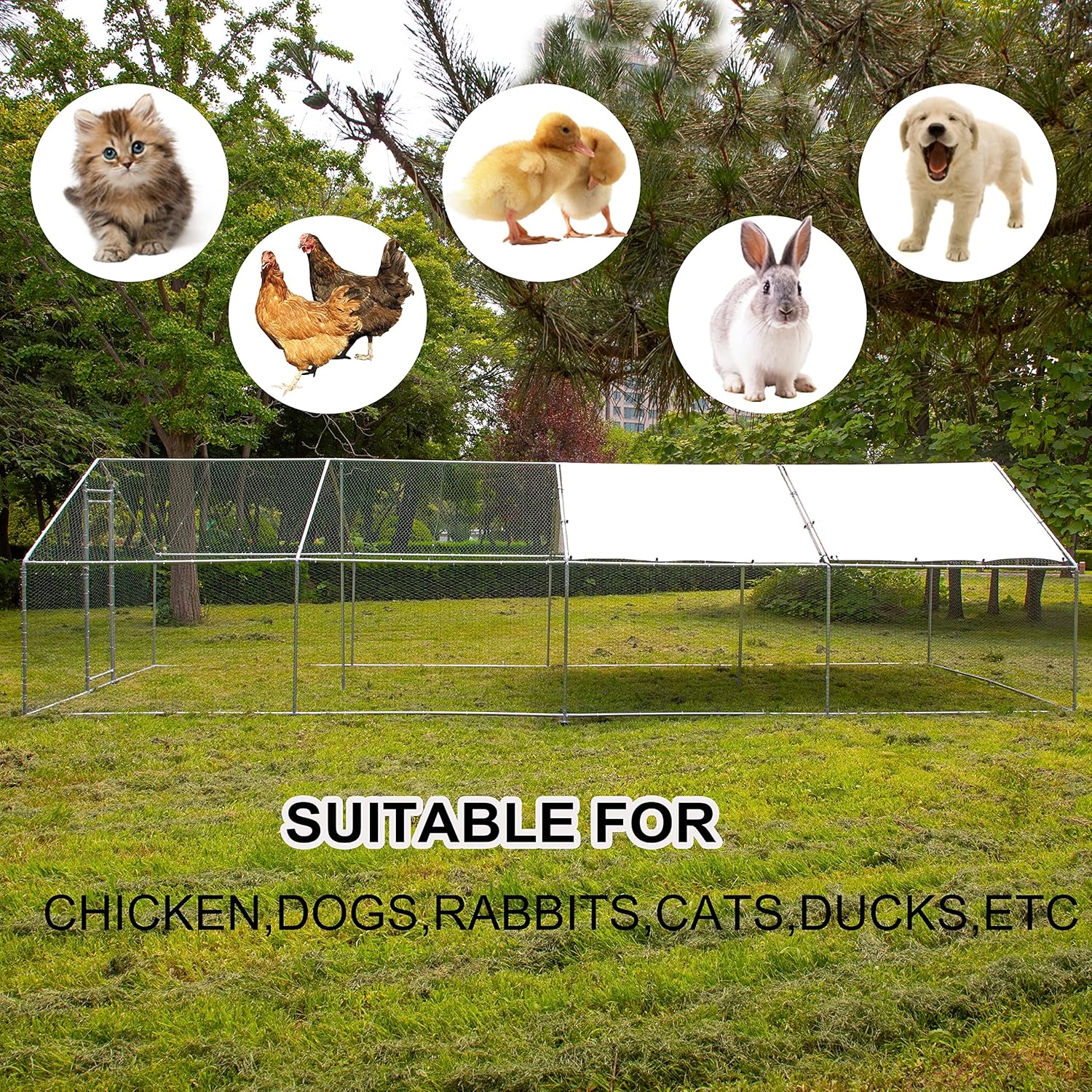 IchbinGo Large Metal Chicken Coop with Waterproof Cover, Walk-in Metal Poultry Cage Spire Shaped Coop