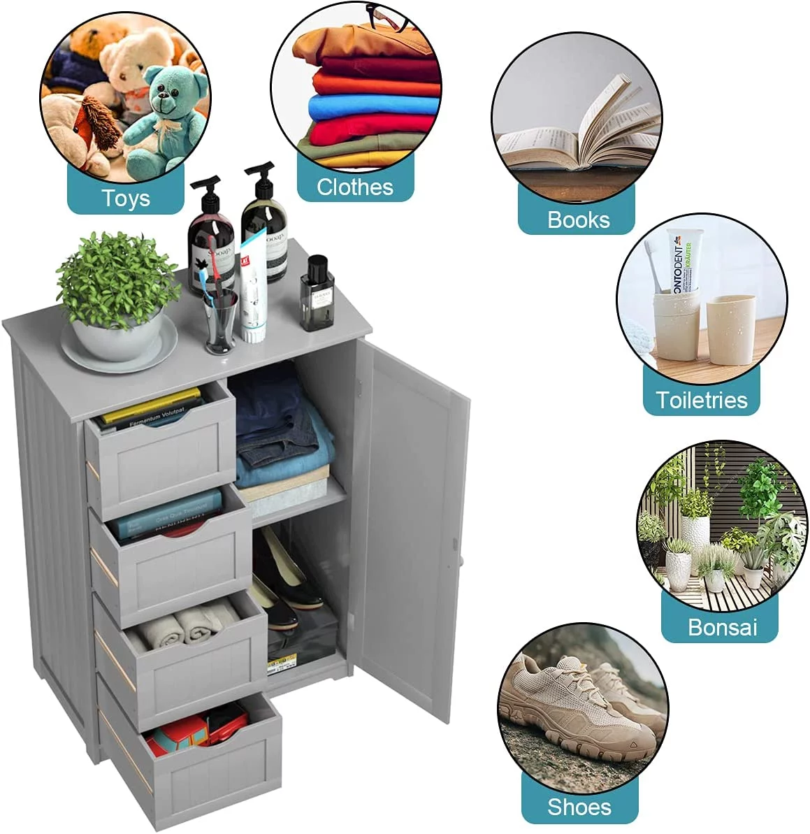 Bathroom Storage Cabinet Freestanding, Floor Cabinet with 4 Drawers & 1 Cupboard, 3-Level Adjustable Shelf & Anti-Toppling Device