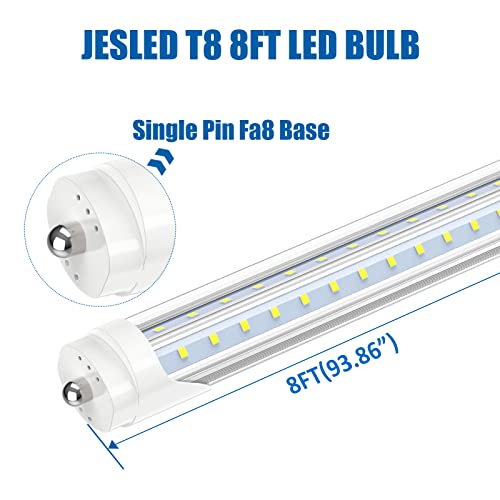 JESLED T8/T10/T12 8FT LED Tube Light, Single Pin FA8 Base, 50W 6000LM 5000K Daylight White, 270 Degree V Shaped LED Fluorescent Bulb (130W Equiv.)