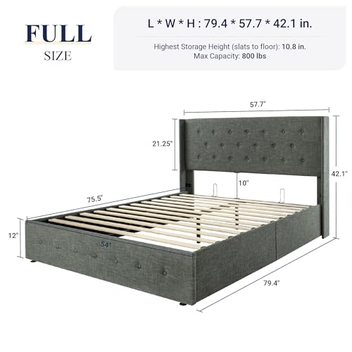 Allewie Full Size Lift Up Storage Bed, Modern Wingback Headboard, Hydraulic Support, No Box Spring Needed, Light Beige
