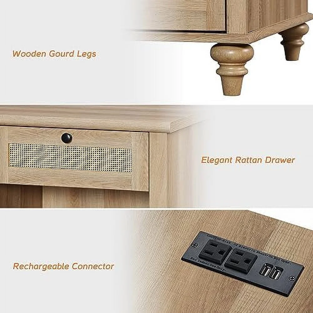 Rattan Nightstand End Table with Charging Station  Farmhouse Small Side Table for Living Room with 2 Drawers  Natural Wood Night Stand Bedside Table