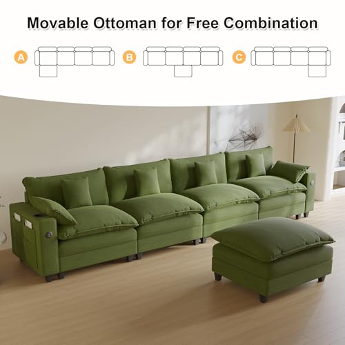 Modular Sectional Sofa, Cloud Couch with Ottoman, Charging Station, Throw Pillows, Cup Holders, Modern Convertible U Shaped Couches for Living Room