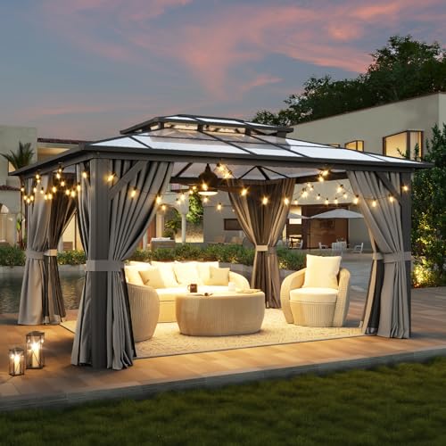Aoxun 12'x10' Hardtop Gazebo, Aluminum Frame Permanent Pavilion with Curtains and Netting, Outdoor Polycarbonate Double Roof Canopy