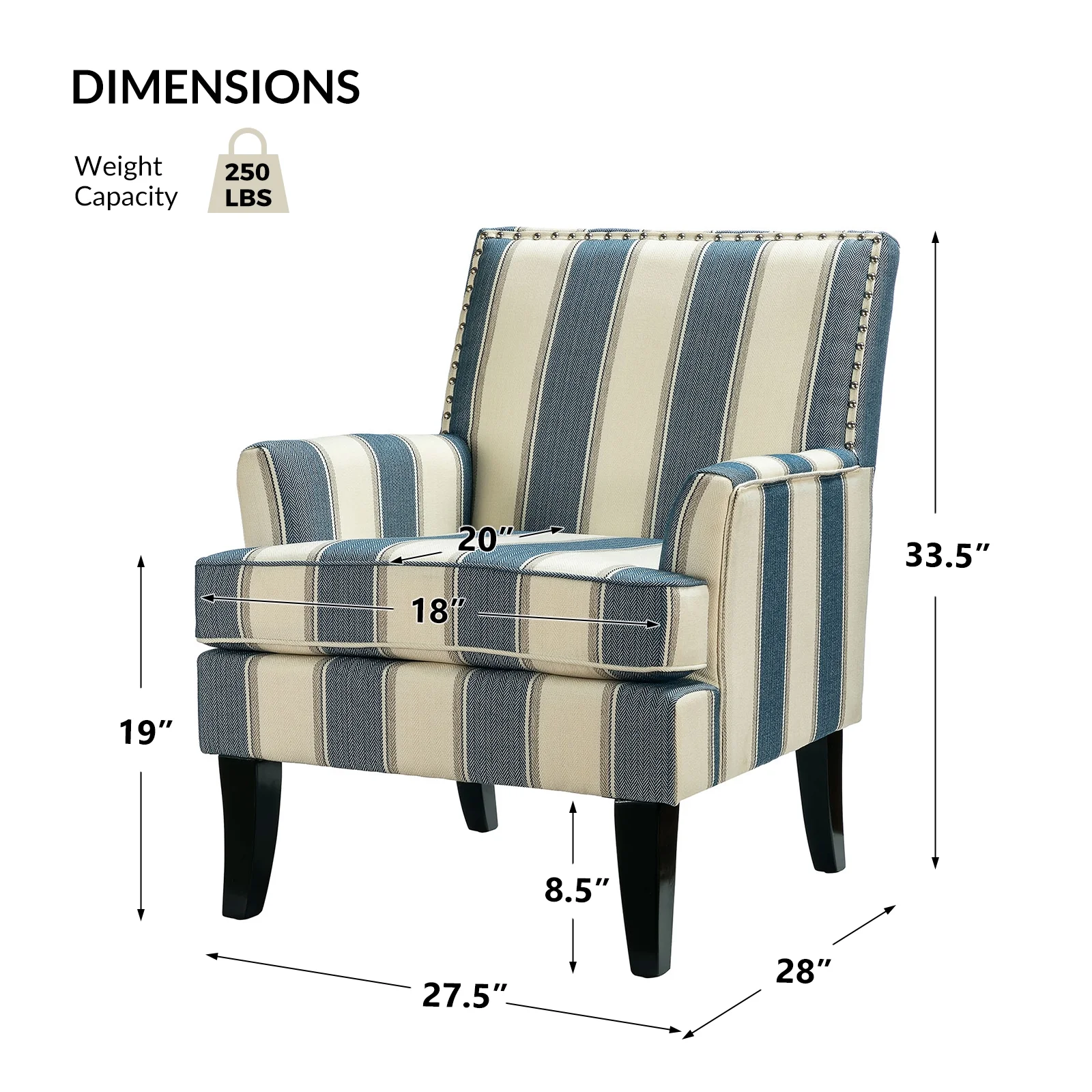 Upholstered Accent Chair, Tina's Home Armchair Nailhead Trim Wood Leg Adult Living Room Stripe Navy