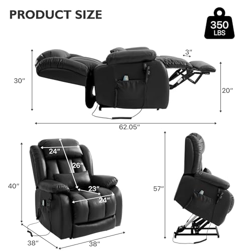 EDILLY Large Genuine Leather Power Lift Recliner Chairs for Elderly, Dual Motor with Massage and Heating,Double Lumbar Cushion and Extended Footrest