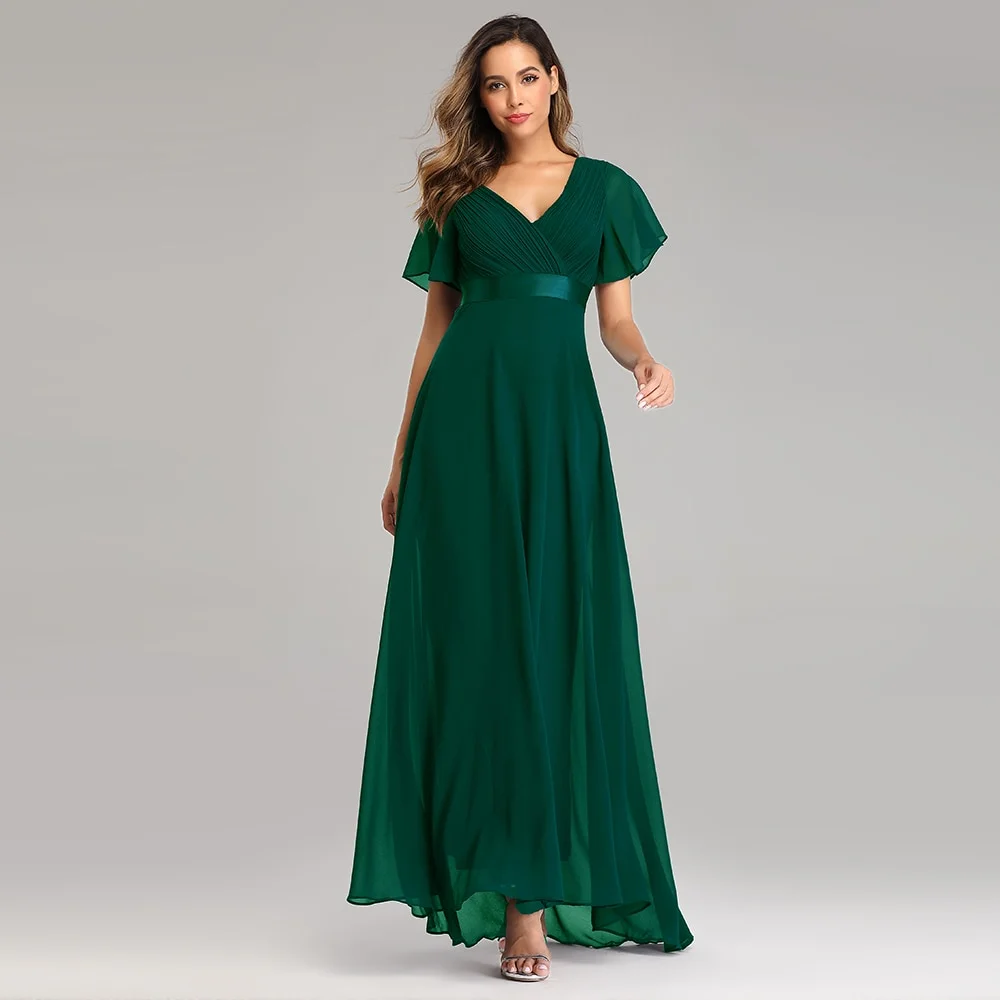Evening Dresses Elegant V-Neck Ruffles Chiffon Formal Evening Gown Robe Vestidos De Fiesta Dress for Wedding Party