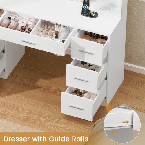 Quimoo Large Vanity Desk with LED Lighted Mirror & Power Outlet,Makeup Vanity Table with 7 Drawers,4 Shelves and 5 Hooks,Vanity Table