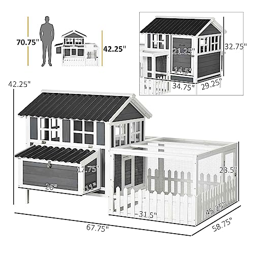 PawHut Wooden Chicken Coop with Run for 3-4 Chickens, Hen House with Nesting Box, Removable Tray, Fence, Outdoor Poultry Cage, 68" x 59" x 42", Gray