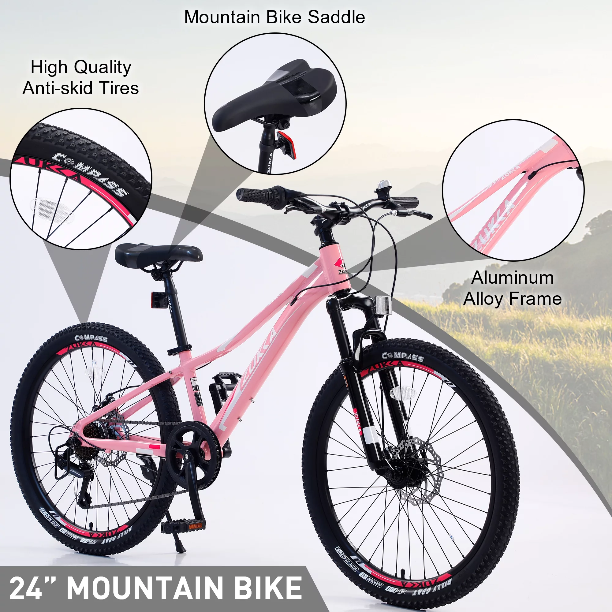 24 Inch Kid's Mountain Bike for Boys Girls, Child MTB Bicycle 7 Speeds Aluminium Alloy Frame Bicycle(Pink)