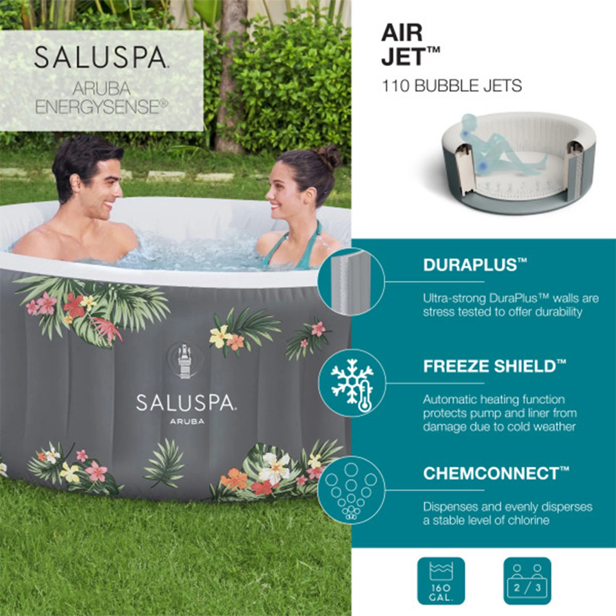 Bestway SaluSpa Aruba AirJet Inflatable Hot Tub w/ EnergySense Cover, Grey