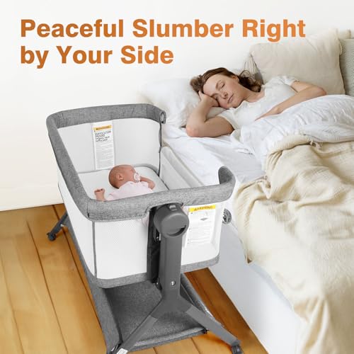 3-in-1 Baby Bassinet, Bedside Bassinet Sleeper, Rocking Bassinet with Comfy Mattress&Breathable Mesh, 6-Height Adjustable