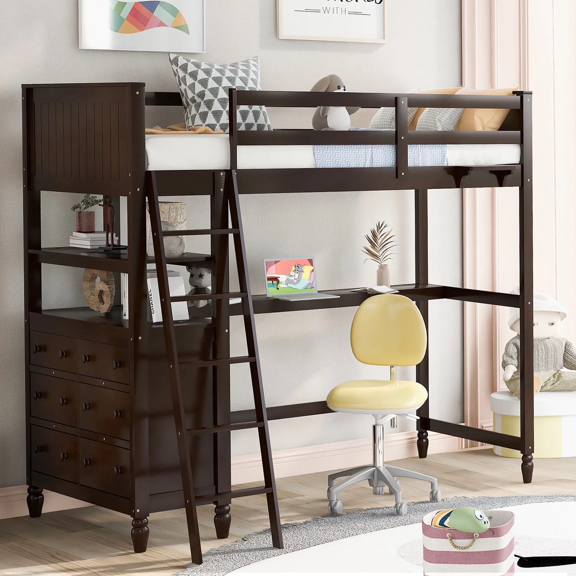 Pine Wood Twin Size Loft Bed with Desk and Shelves, Built-in Drawers, Space-Saving Dorm Apartment Bedroom Loftbed Frame W/Guardrail