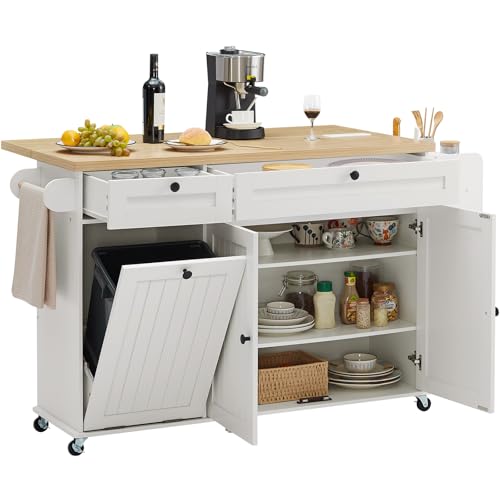 60" Kitchen Island with Power Outlet & Drop Leaf, Kitchen Rolling Island with Spice Rack & Towel Rack, Knife Holder