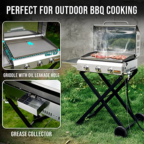Portable Propane Gas Griddle 3-Burner with Foldable Cart & Side Table, Flat Top Gas Grill Griddle Stove with Lid