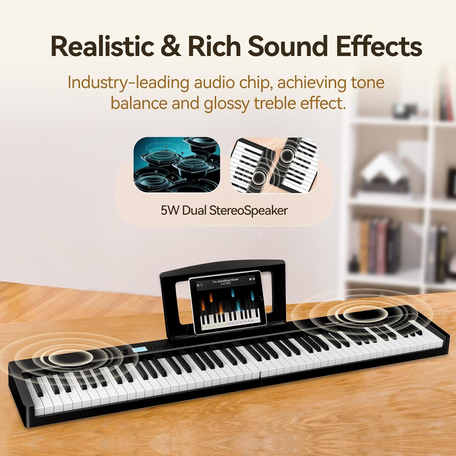 TERENCE Piano Keyboard, 88 Key Full Size Weighted Folding Piano Keyboard, Digital Keyboard Piano with 2X5W Speakers, Music Stand, Keyboard Stickers